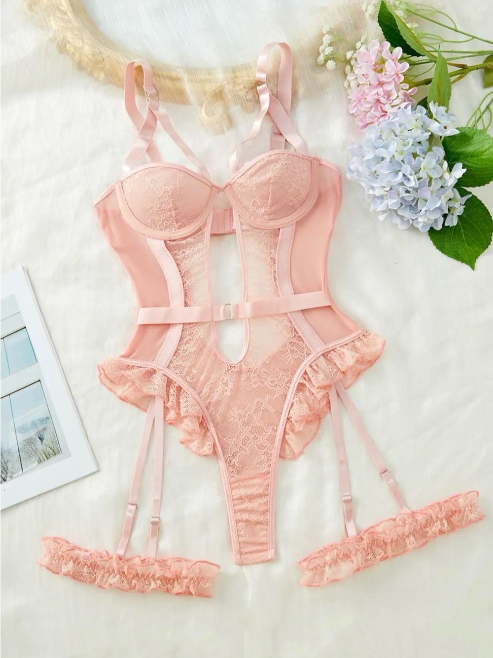Sheer Lace Bustier Teddy Bodysuit in Blush Pink